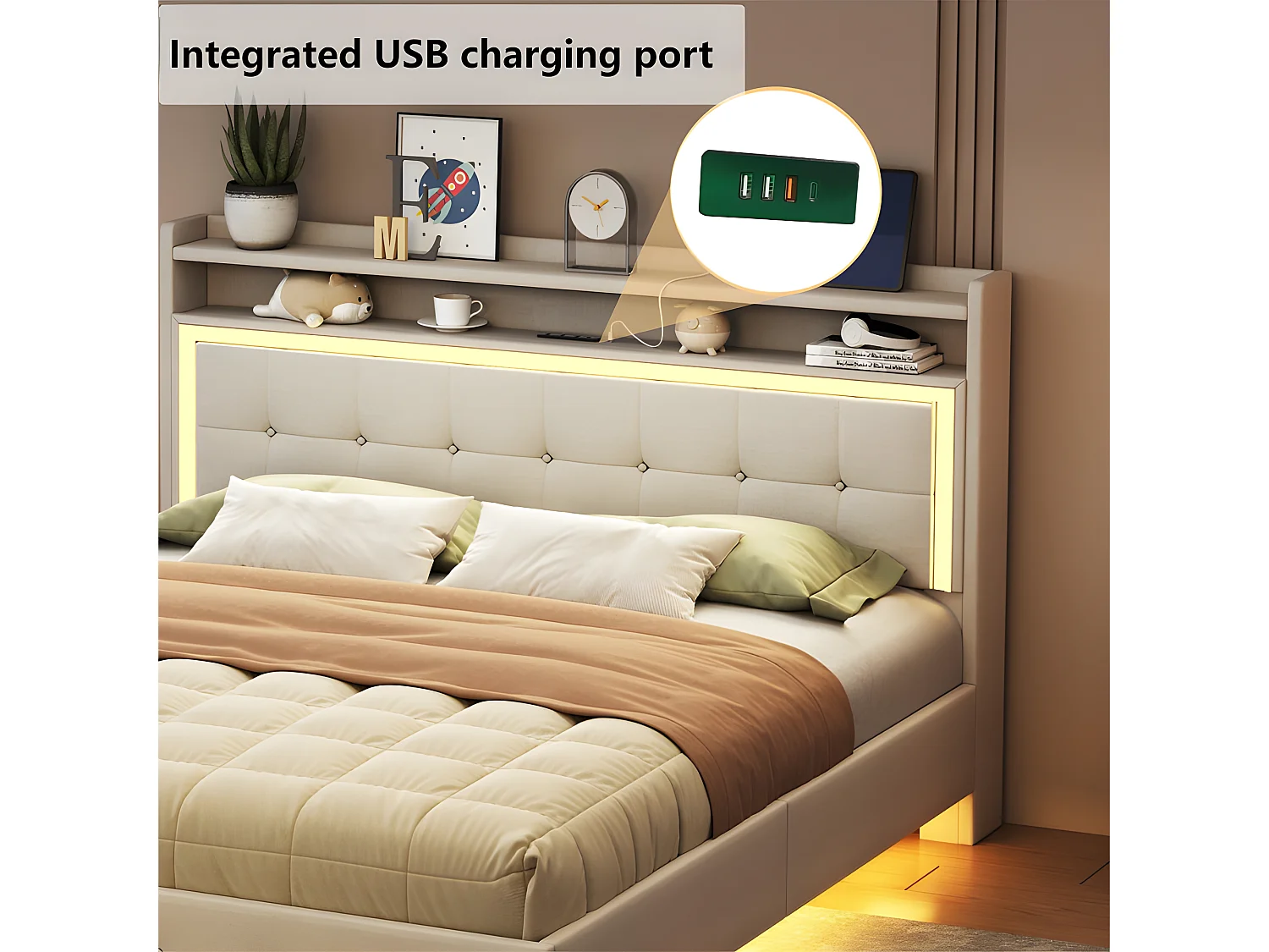 Gewatteerd bed 140x200cm in linnenstof - met USB en LED-aansluiting - Beige