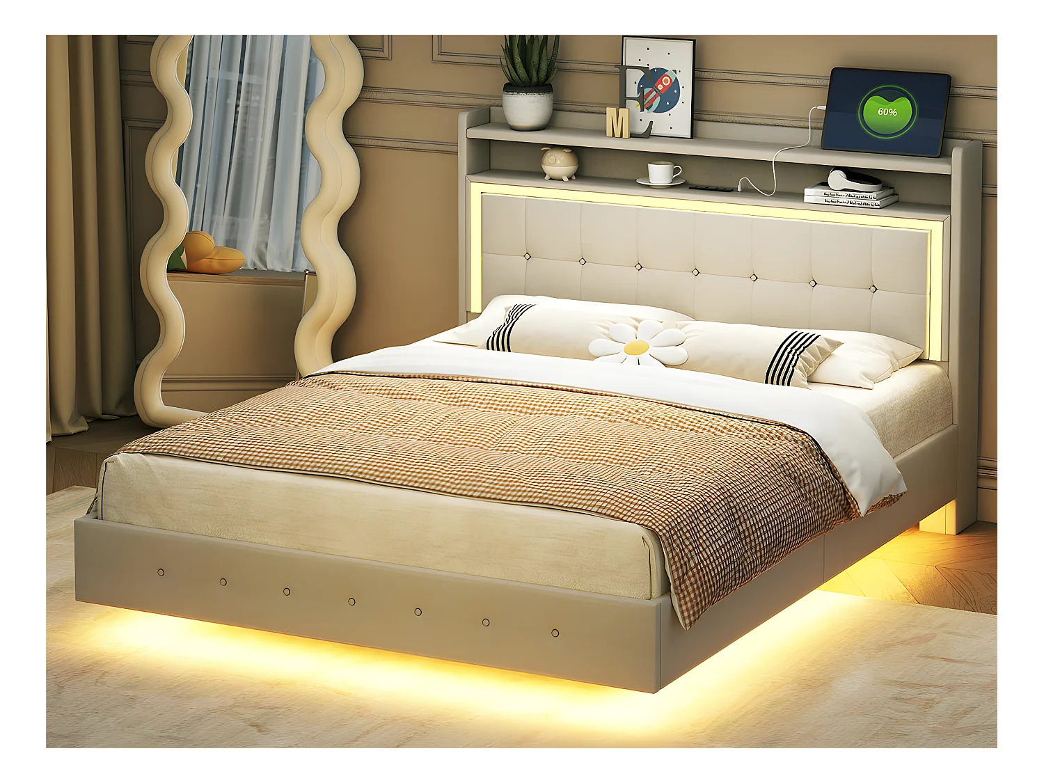 Lit capitonné 140x200cm - avec prise USB et LED - tissu en lin - Beige