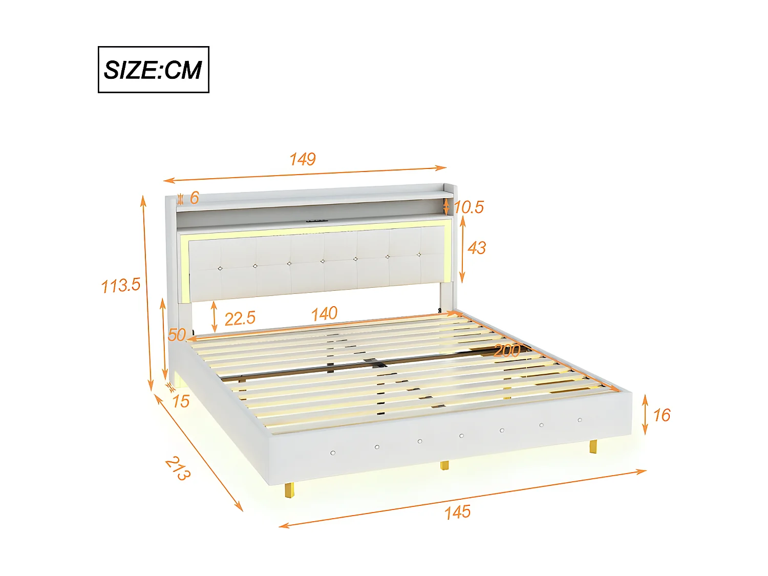 140x200cm gepolstertes Bett aus Leinenstoff – mit USB- und LED-Buchse – Beige