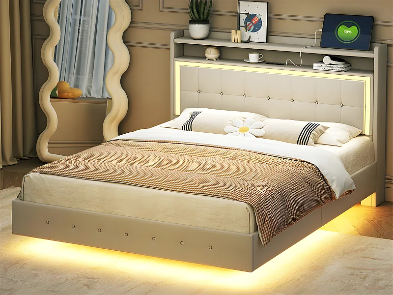 Gewatteerd bed 140x200cm in linnenstof - met USB en LED-aansluiting - Beige