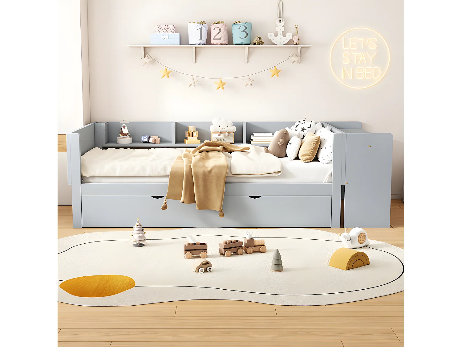 Letto singolo 90x200 cm con letto estraibile - con scrivania accanto - Grigio