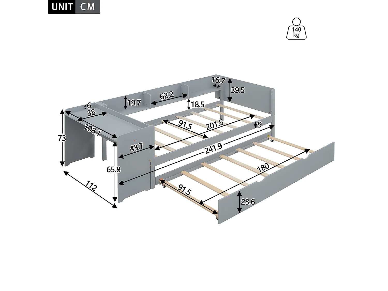 Letto singolo 90x200 cm con letto estraibile - con scrivania accanto - Grigio