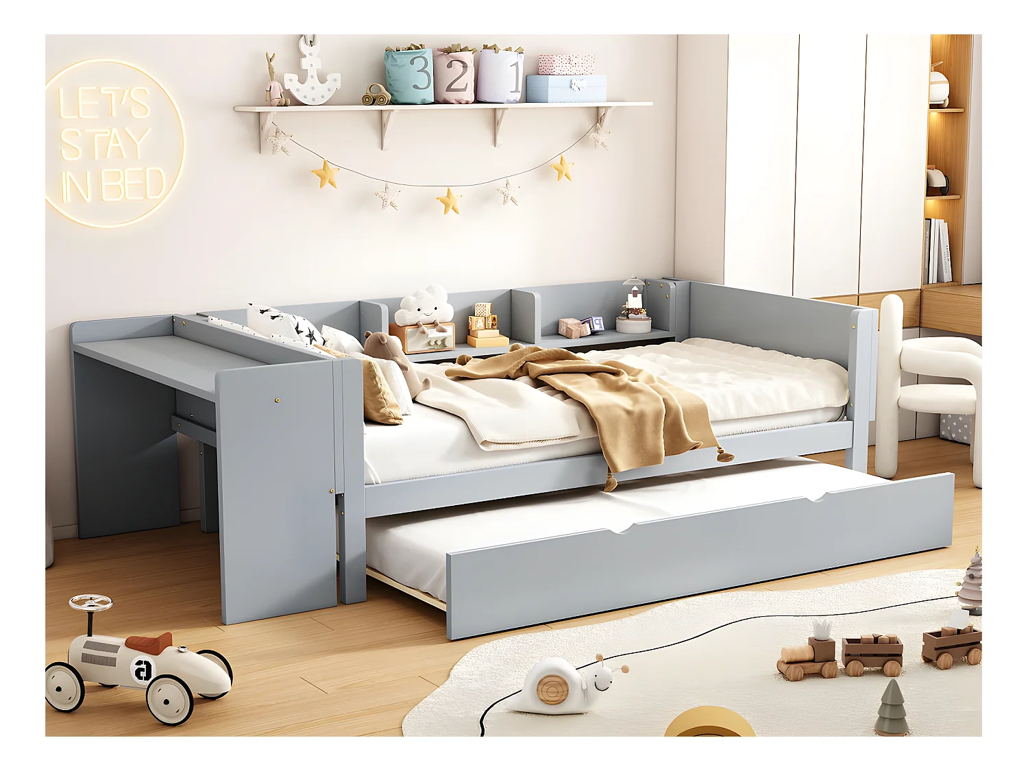 Cama individual 90x200 cm con cama nido - con escritorio al lado - Gris