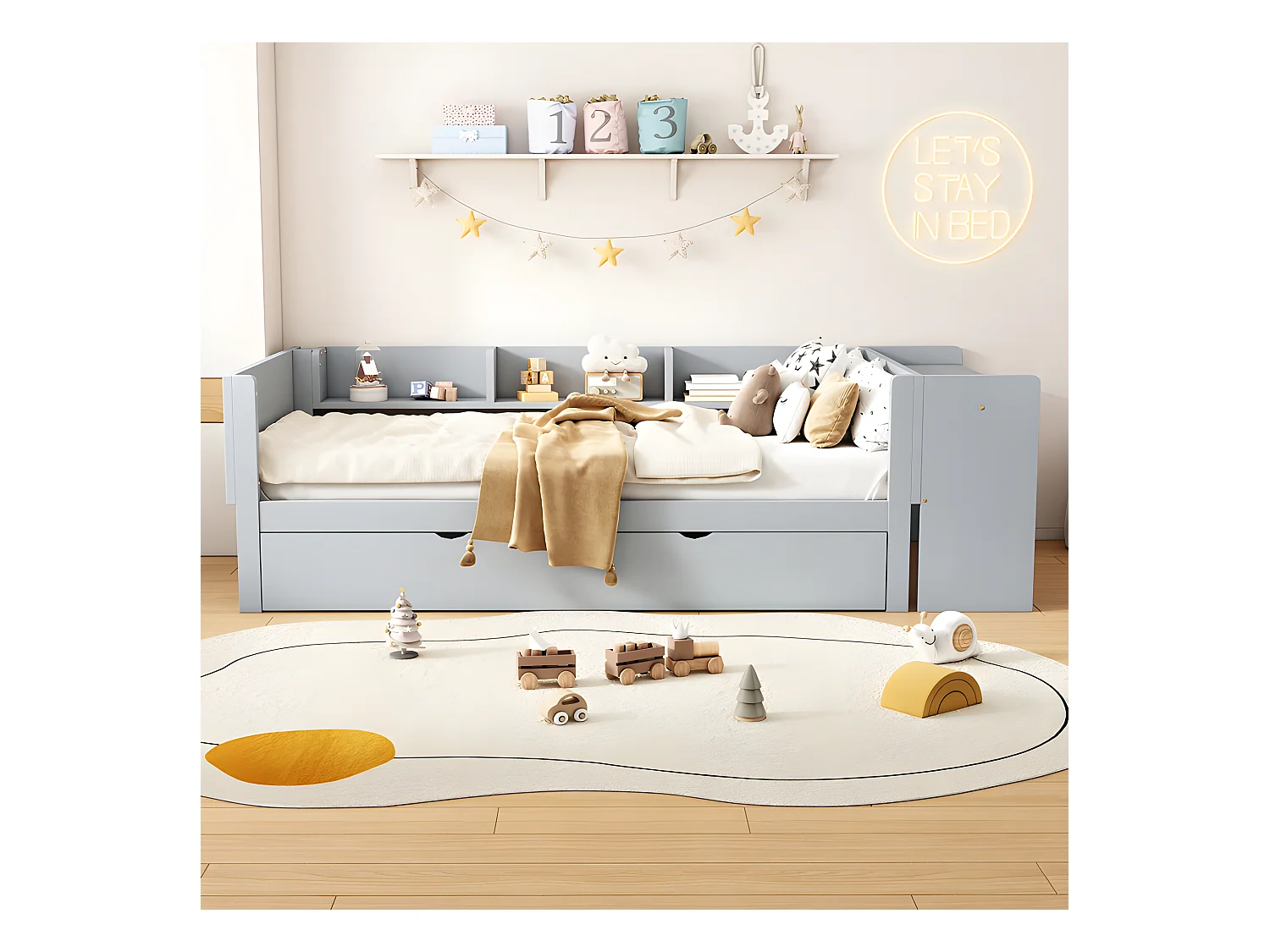 Cama individual 90x200 cm con cama nido - con escritorio al lado - Gris