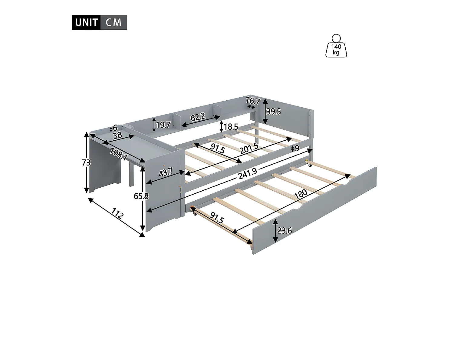 Cama individual 90x200 cm con cama nido - con escritorio al lado - Gris