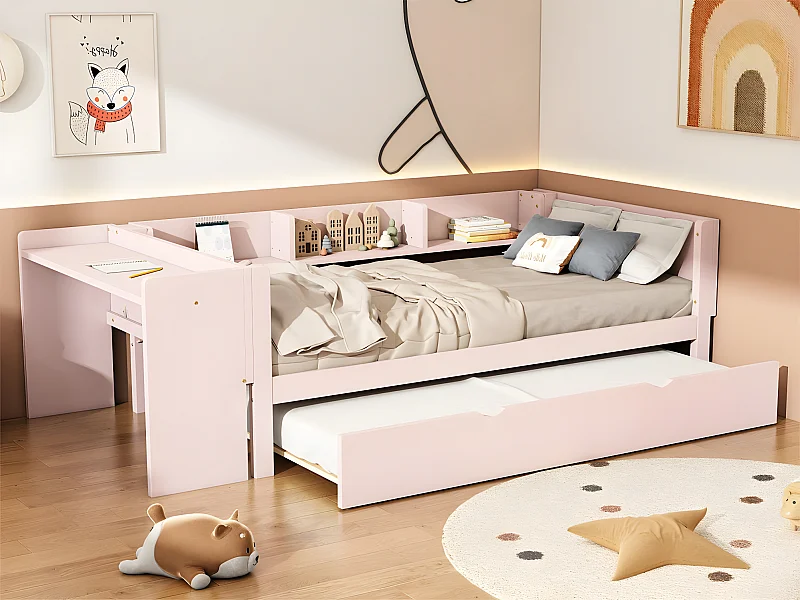 Cama individual 90x200 cm con cama nido - con escritorio al lado - Rosa