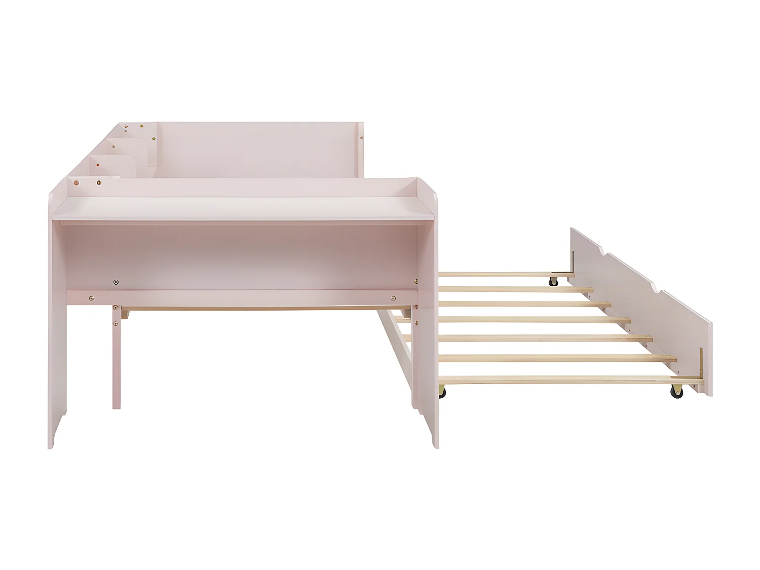 Eenpersoonsbed 90x200 cm met onderschuifbed - met bureau ernaast - Roze