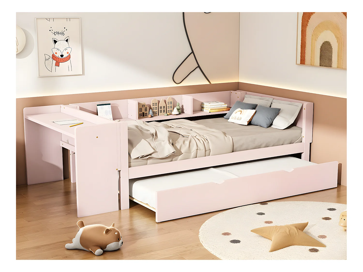 Lit simple 90x200 cm avec un lit gigogne - avec bureau à côté - Rose