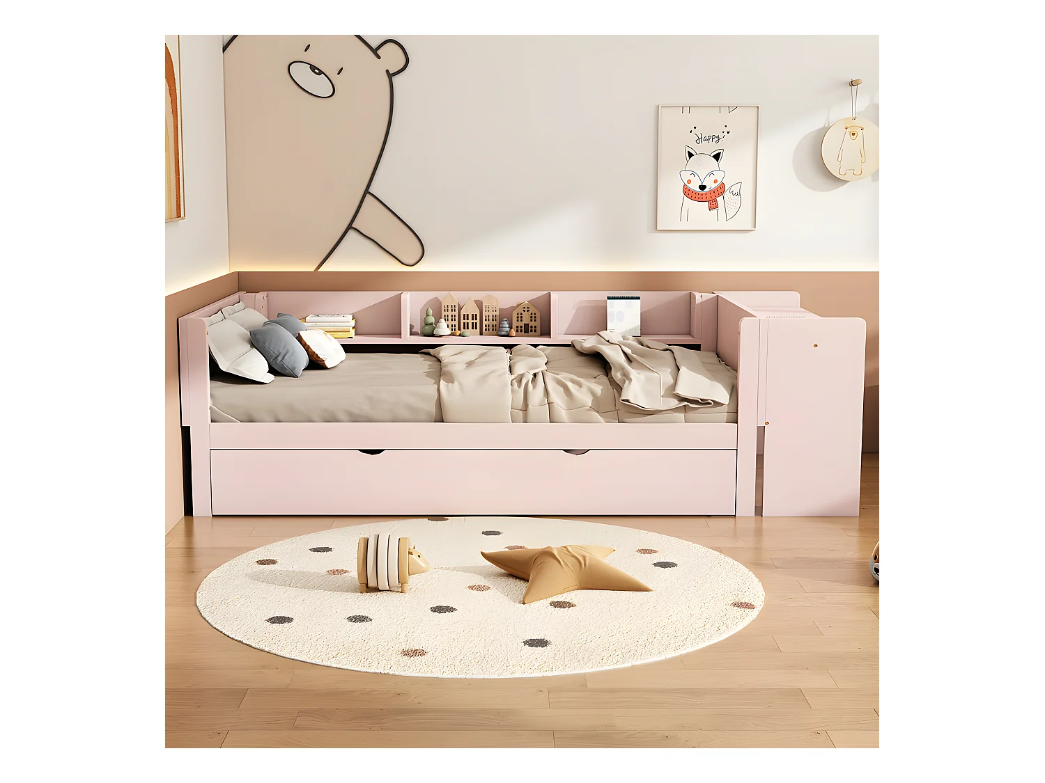 Einzelbett 90x200 cm mit Ausziehbett – mit Schreibtisch daneben – Pink