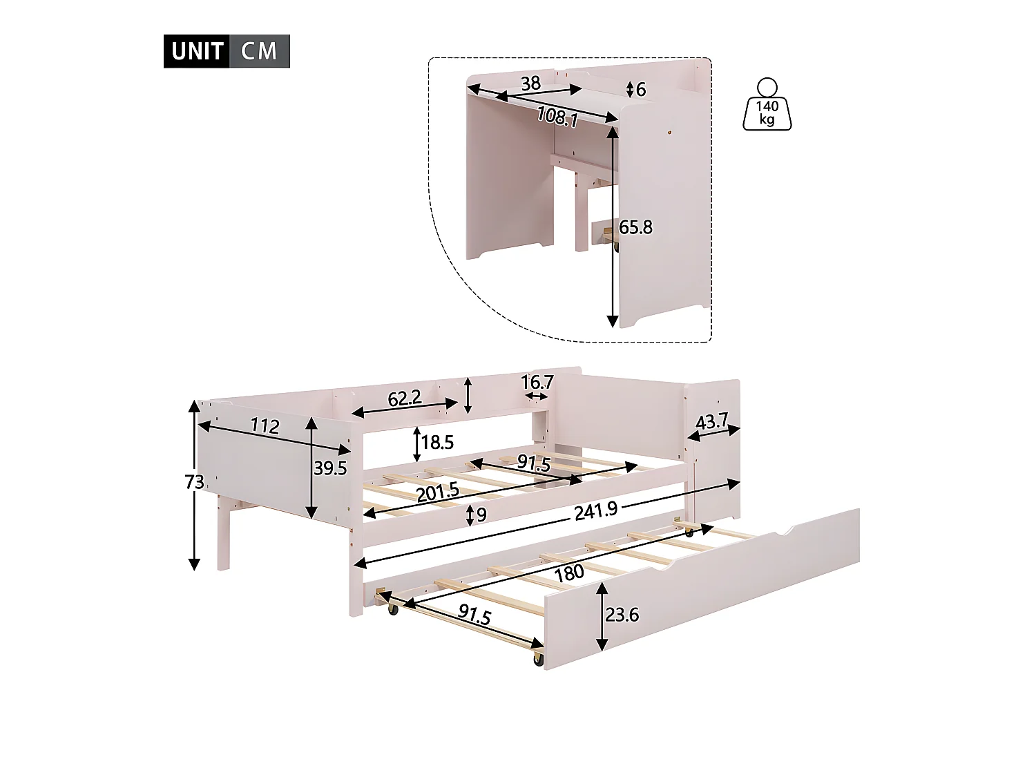 Einzelbett 90x200 cm mit Ausziehbett – mit Schreibtisch daneben – Pink