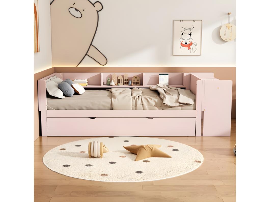 Eenpersoonsbed 90x200 cm met onderschuifbed - met bureau ernaast - Roze
