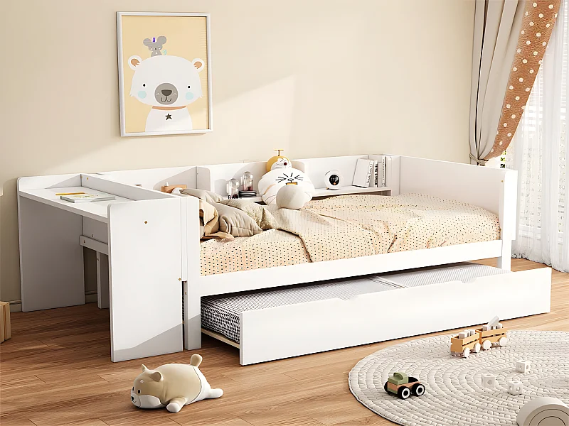 Cama individual 90x200 cm com cama de gavetão - com secretária ao lado - Branco