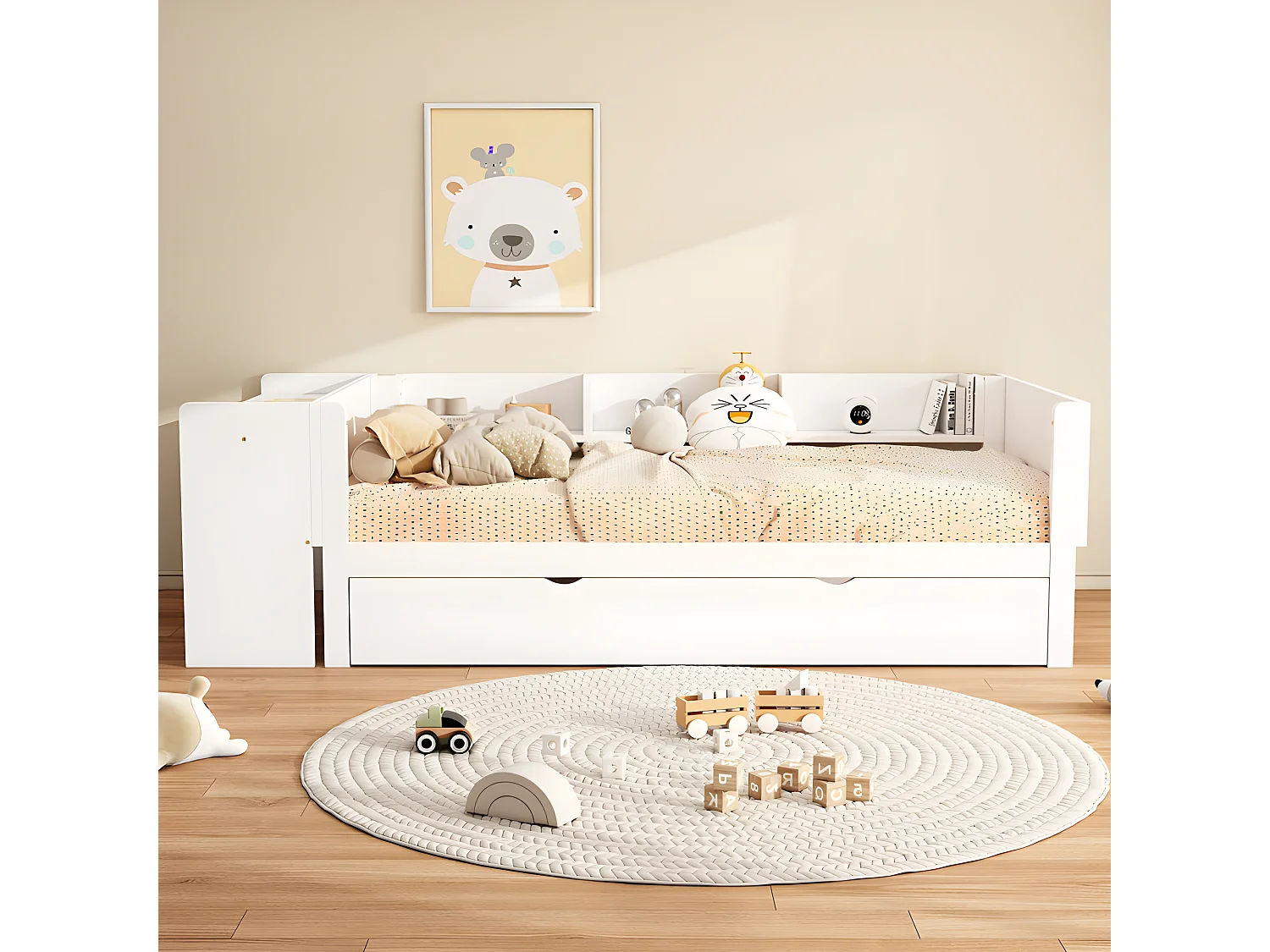 Einzelbett 90x200 cm mit Ausziehbett – mit Schreibtisch daneben – Weiß