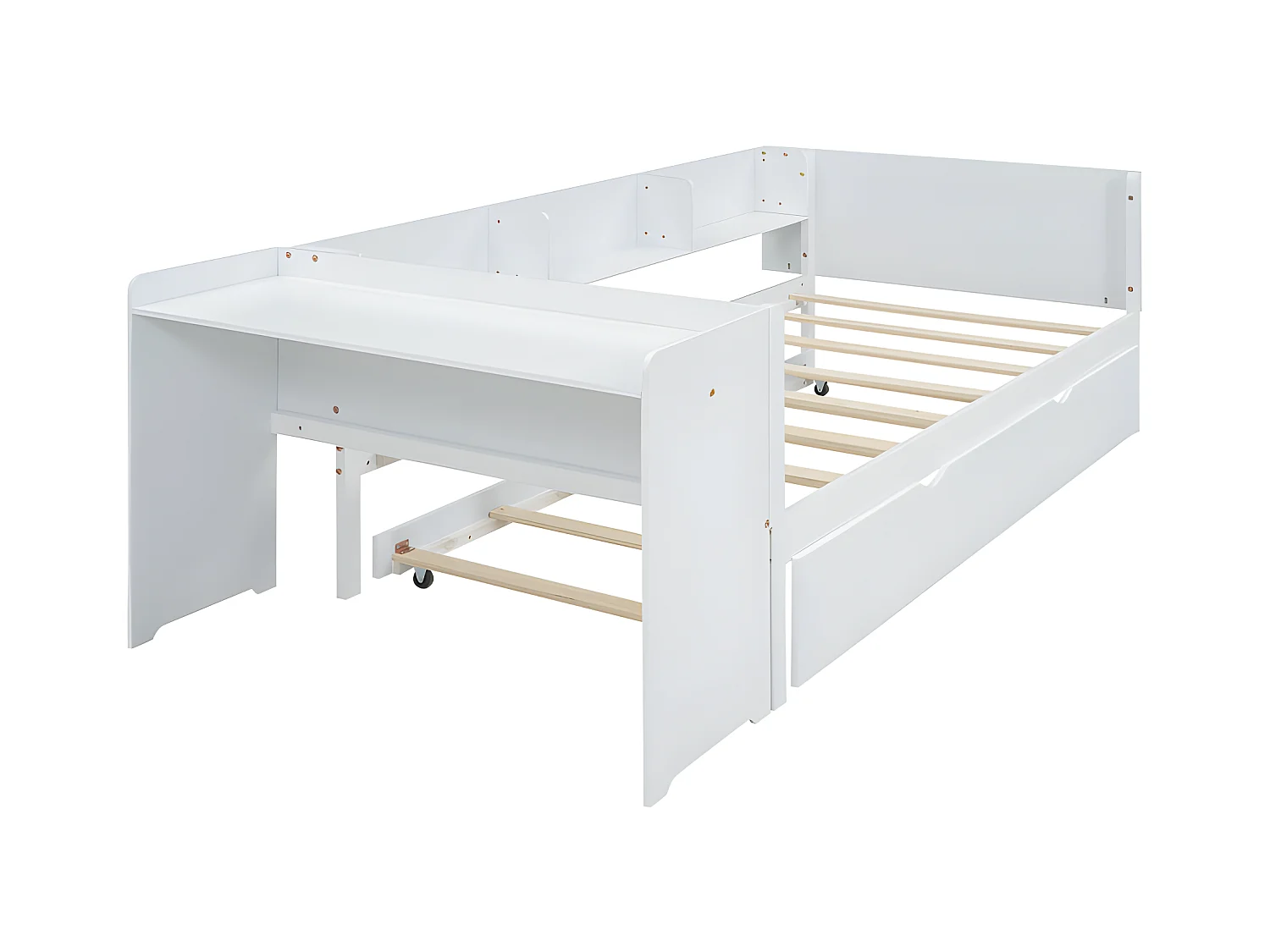 Lit simple 90x200 cm avec un lit gigogne - avec bureau à côté - Blanc