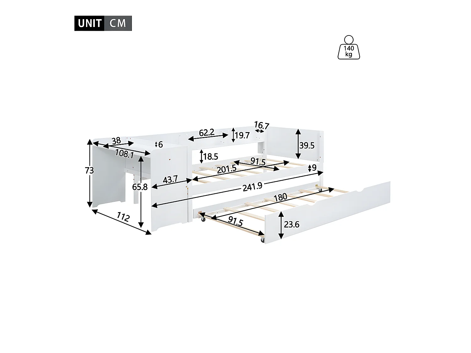 Lit simple 90x200 cm avec un lit gigogne - avec bureau à côté - Blanc
