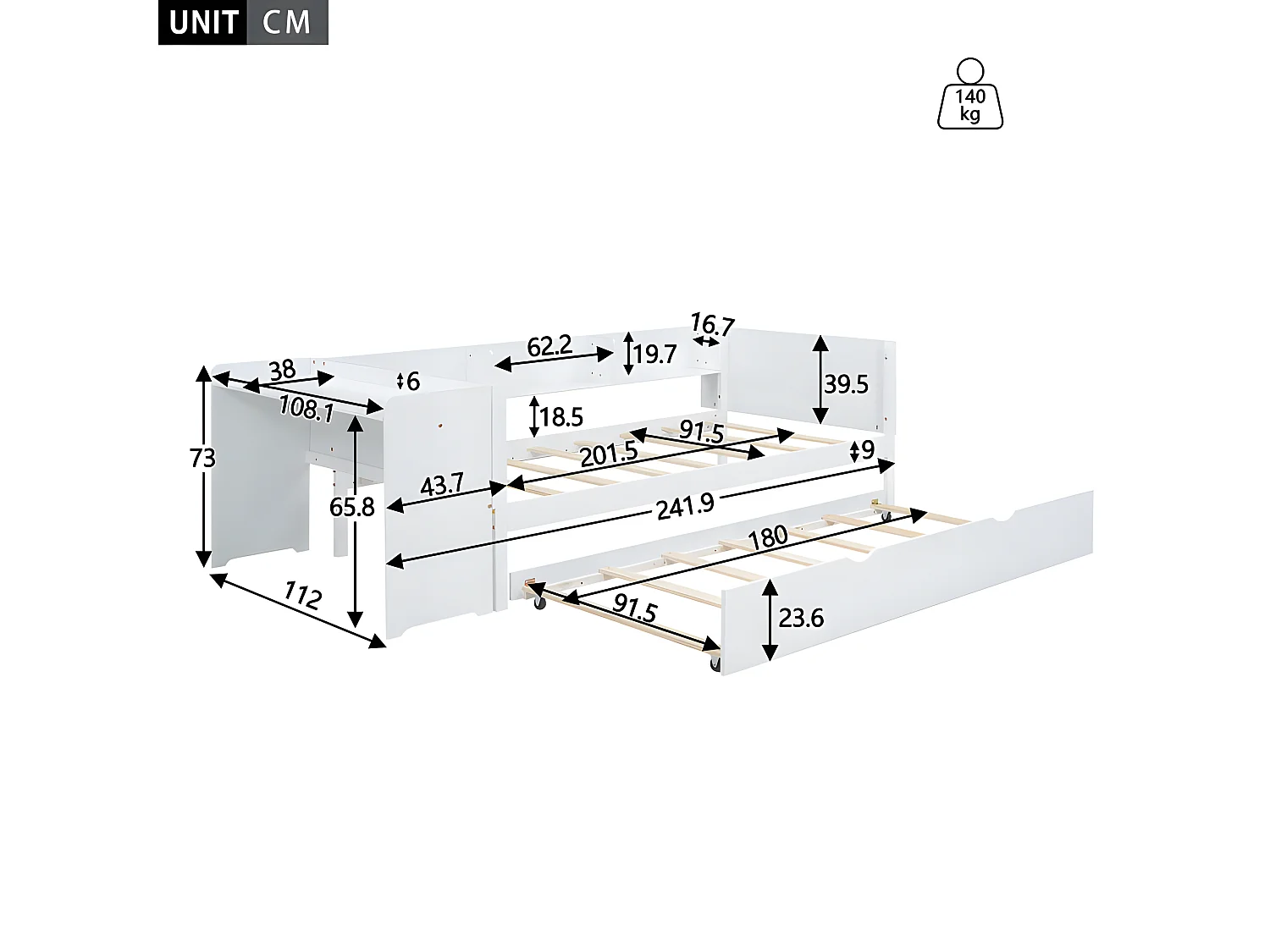 Łóżko pojedyncze 90x200 cm z łóżkiem wysuwanym - z biurkiem obok - Białe