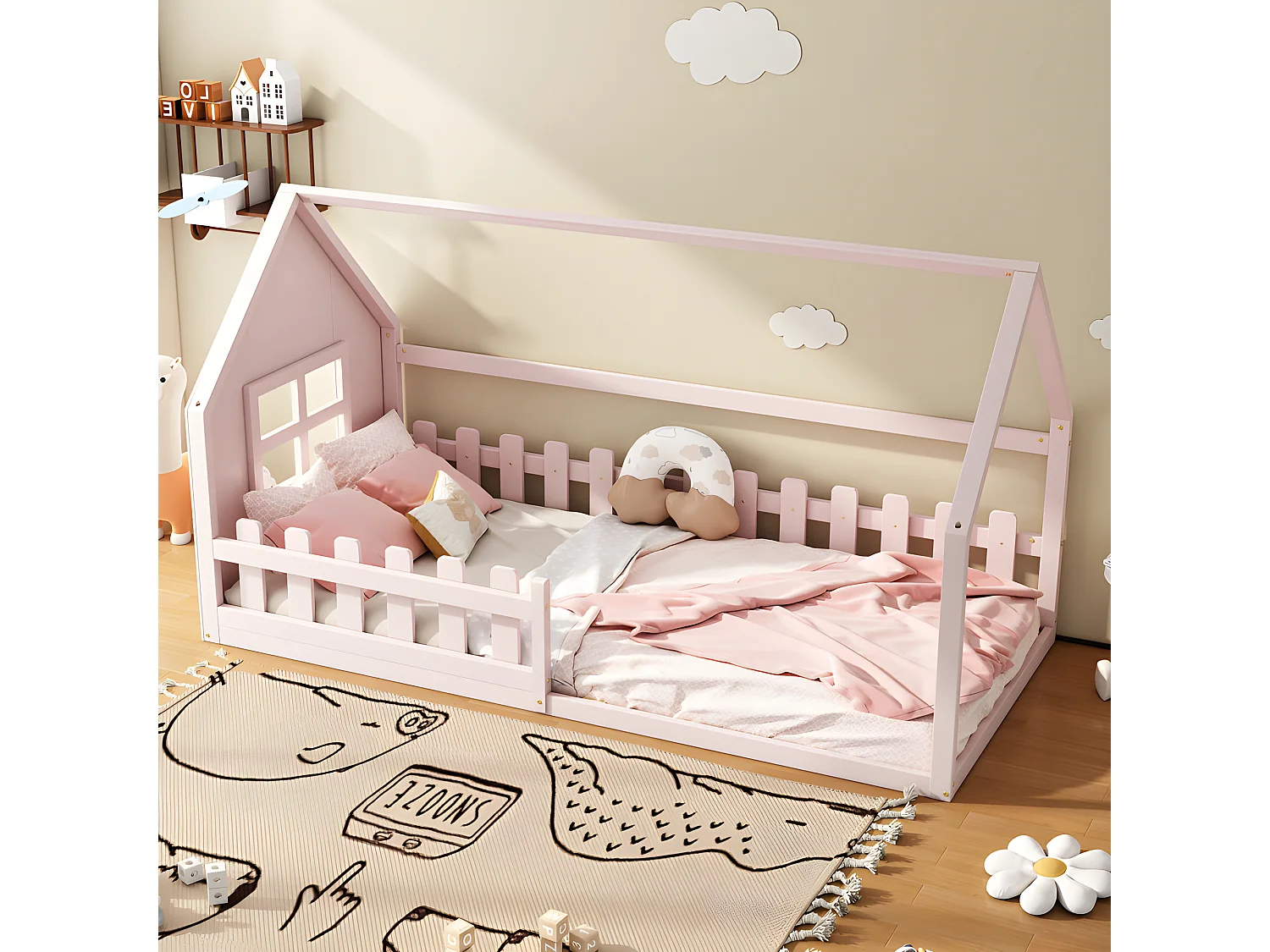 Lit cabane pour enfant 90x200 cm - en forme de maison - en bois de pin et MDF - Rose