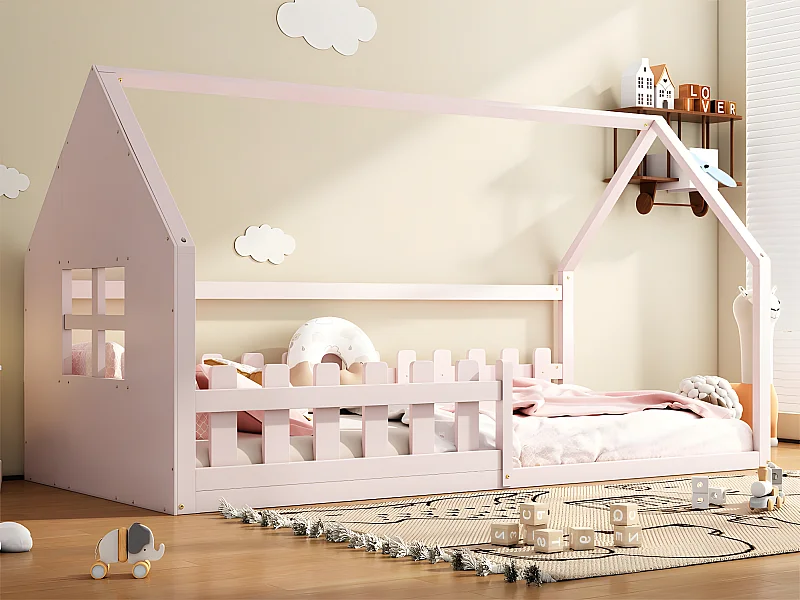 Lit cabane pour enfant 90x200 cm - en forme de maison - en bois de pin et MDF - Rose
