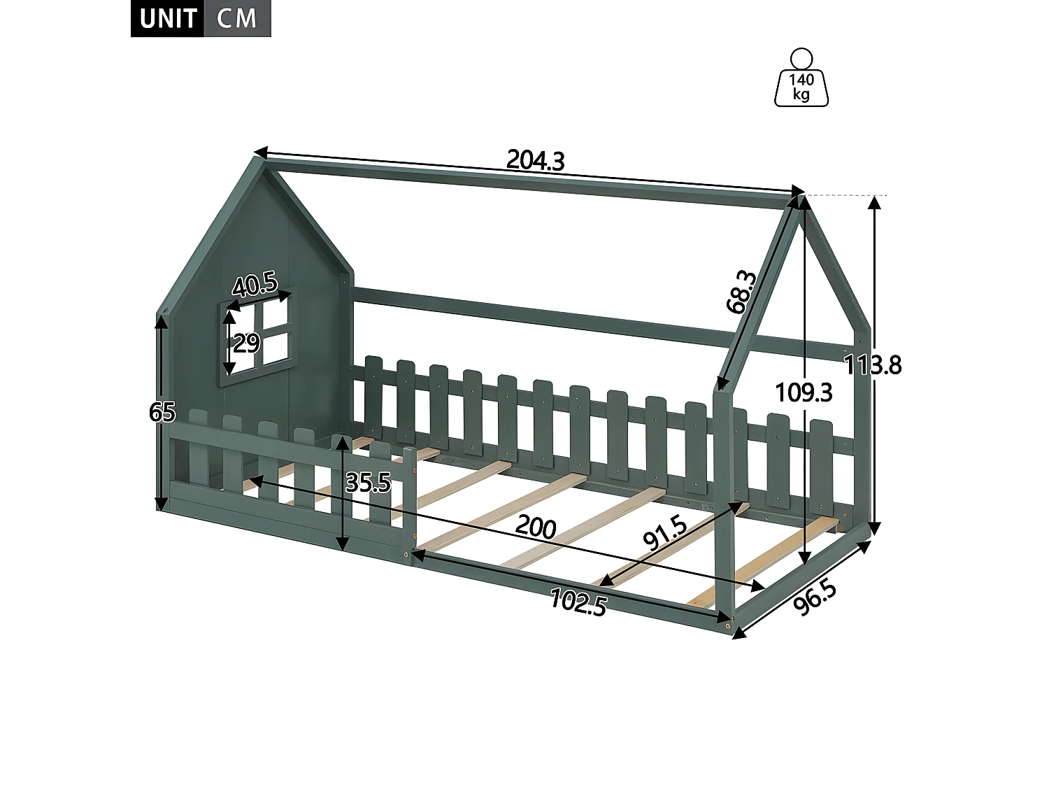 Letto a castello per bambini 90x200 cm - a forma di casetta - in legno di pino e MDF - Verde