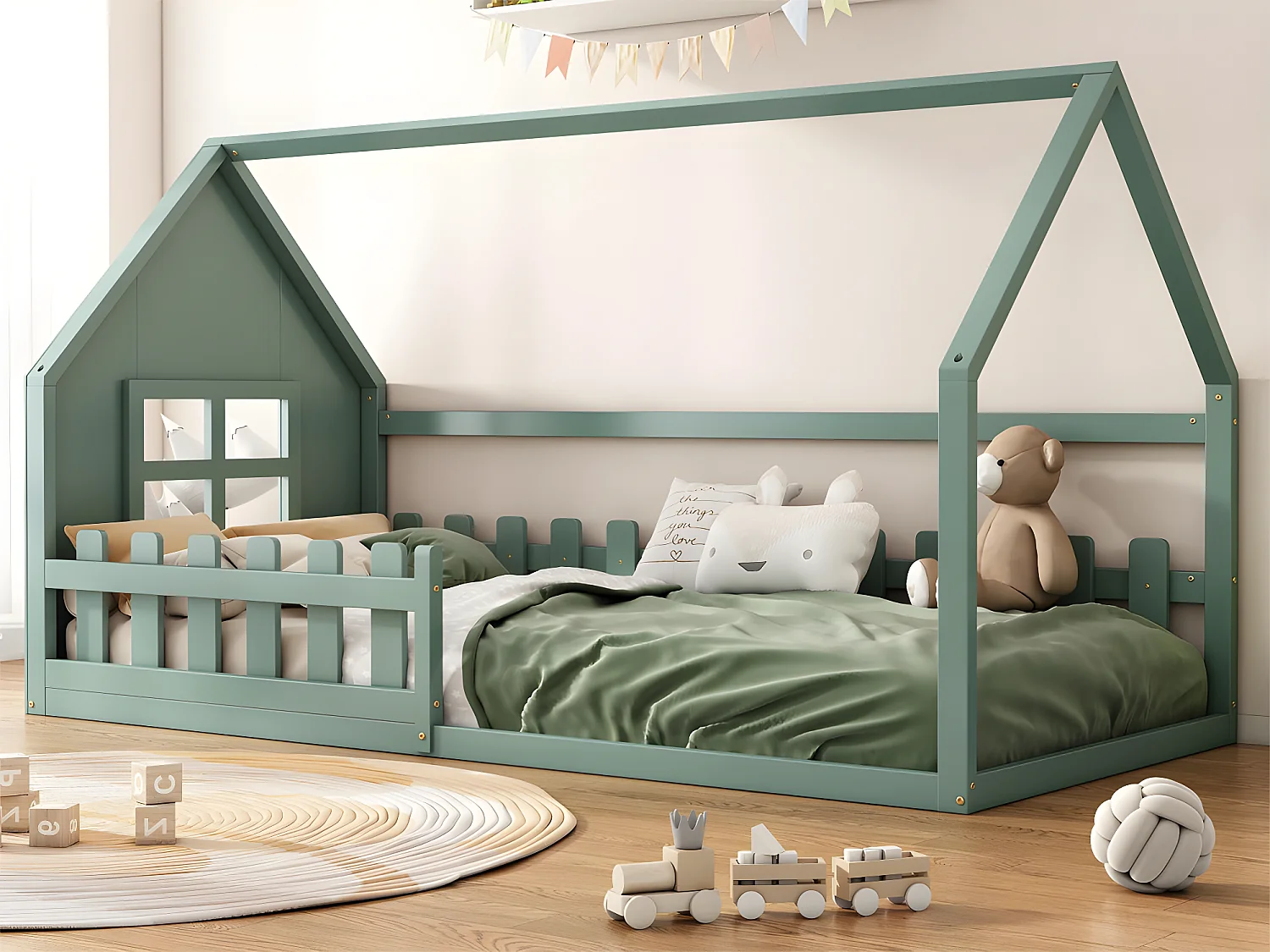 Lit cabane pour enfant 90x200 cm - en forme de maison - en bois de pin et MDF - Vert