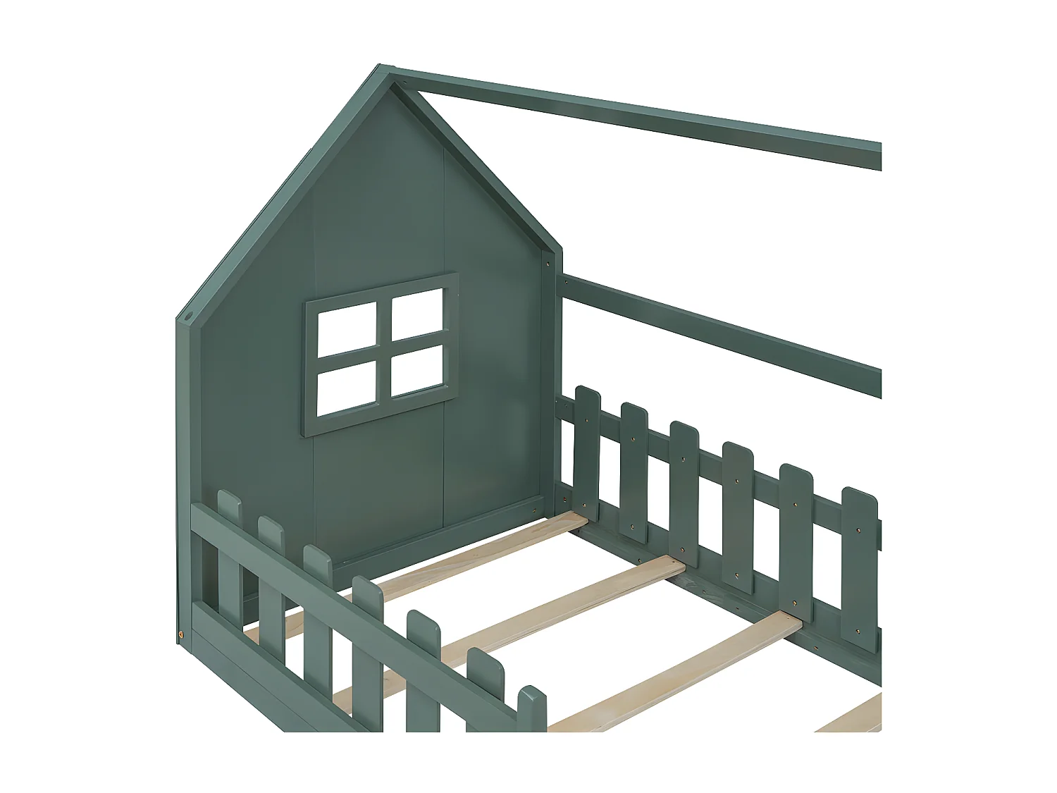 Lit cabane pour enfant 90x200 cm - en forme de maison - en bois de pin et MDF - Vert