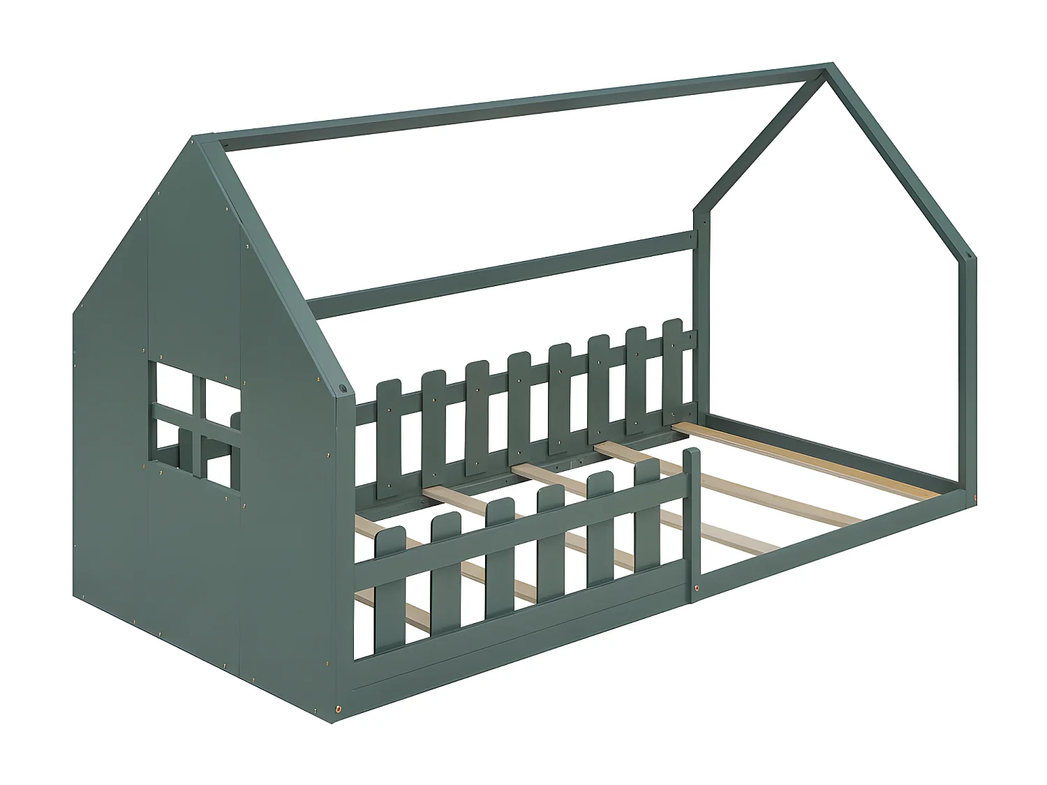 Lit cabane pour enfant 90x200 cm - en forme de maison - en bois de pin et MDF - Vert