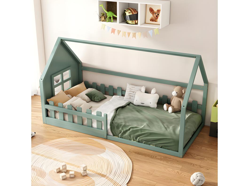Letto a castello per bambini 90x200 cm - a forma di casetta - in legno di pino e MDF - Verde
