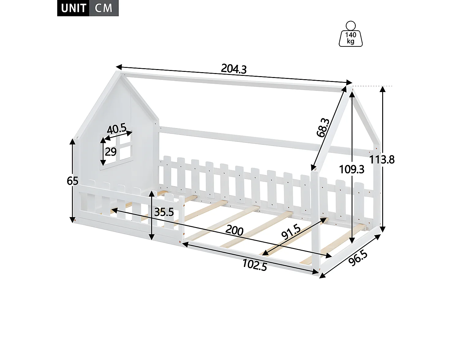 Cama cabine para criança 90x200 cm - em formato de casa - em madeira de pinho e MDF - Branco