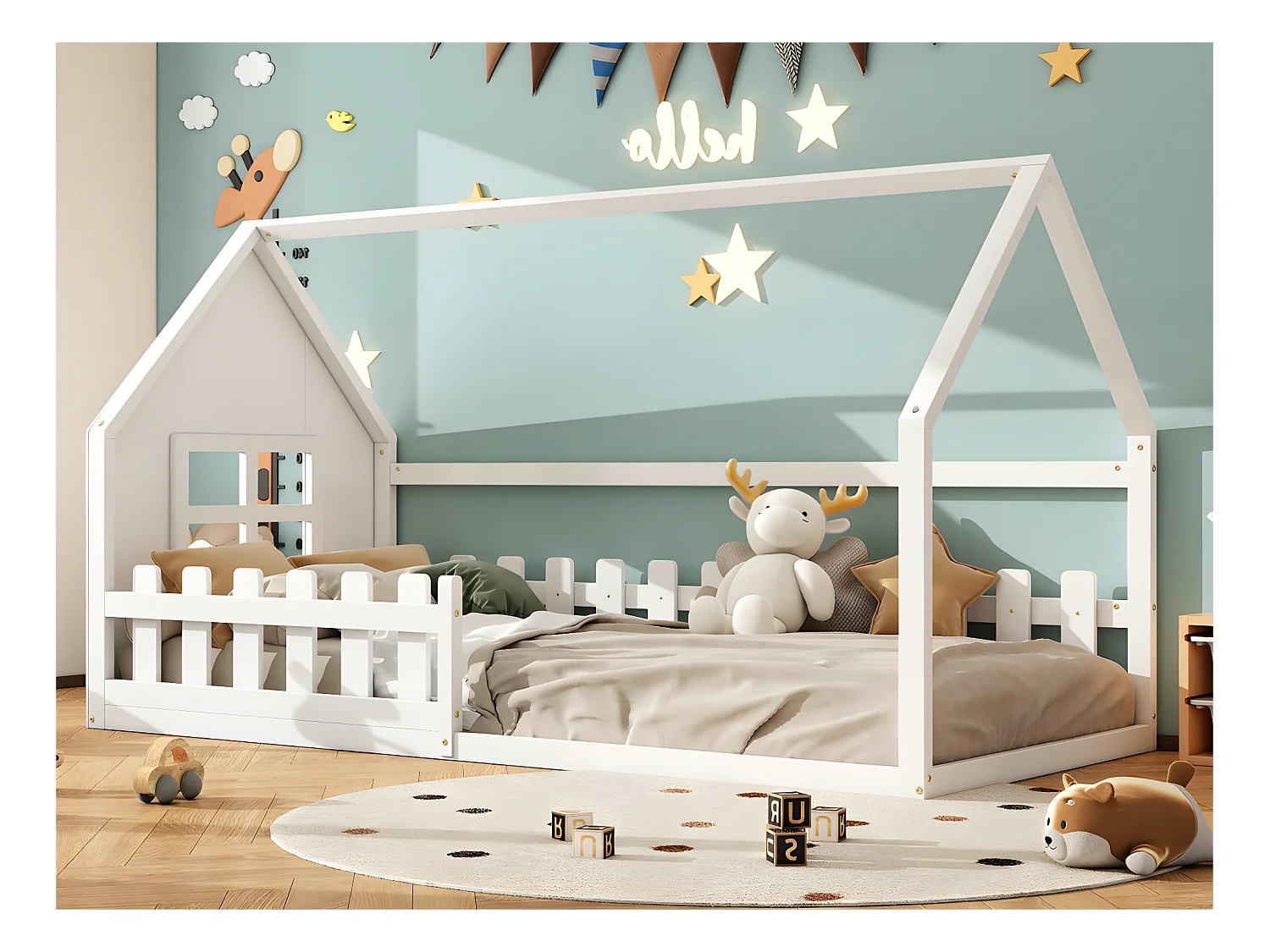 Łóżko domek dla dzieci 90x200 cm - w kształcie domu - z drewna sosnowego i MDF - Białe