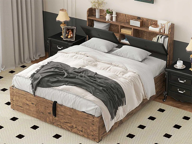 Cama con almacenaje 140x200cm - con cabecero con almacenaje y somier de láminas de metal - Natural oscuro y negro