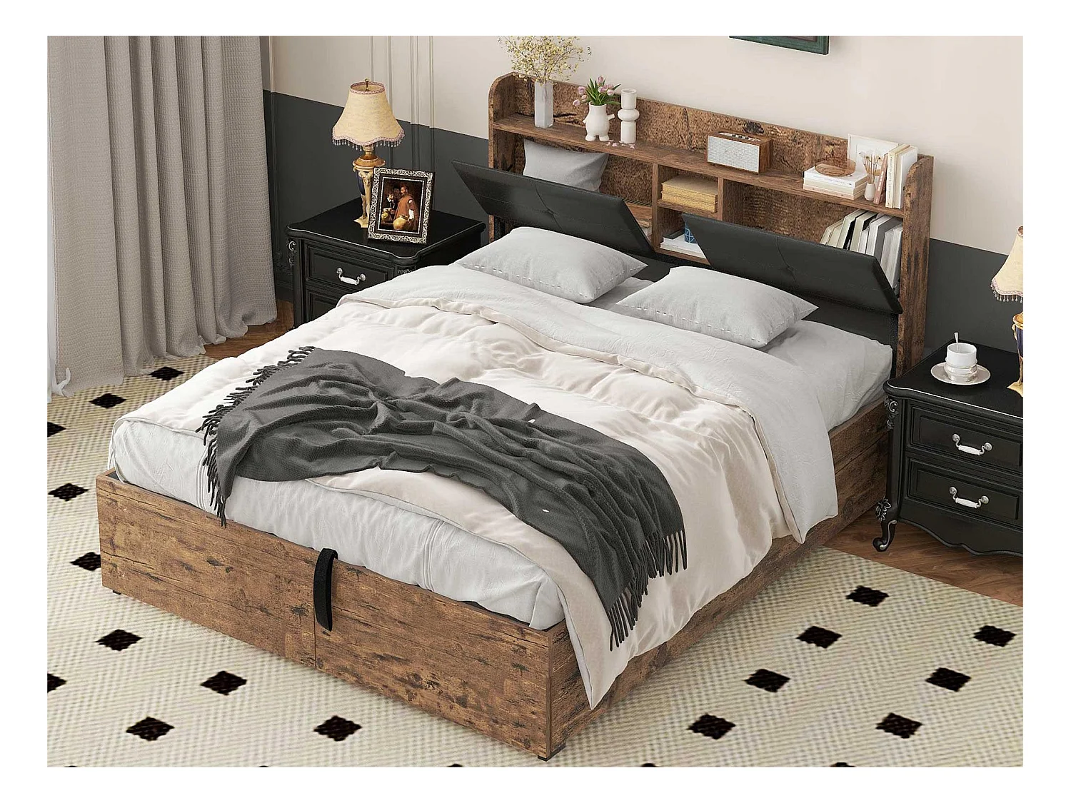 Bett mit Stauraum 140 x 200 cm – mit Stauraum-Kopfteil und Lattenrost aus Metall – Dunkelnatur und Schwarz