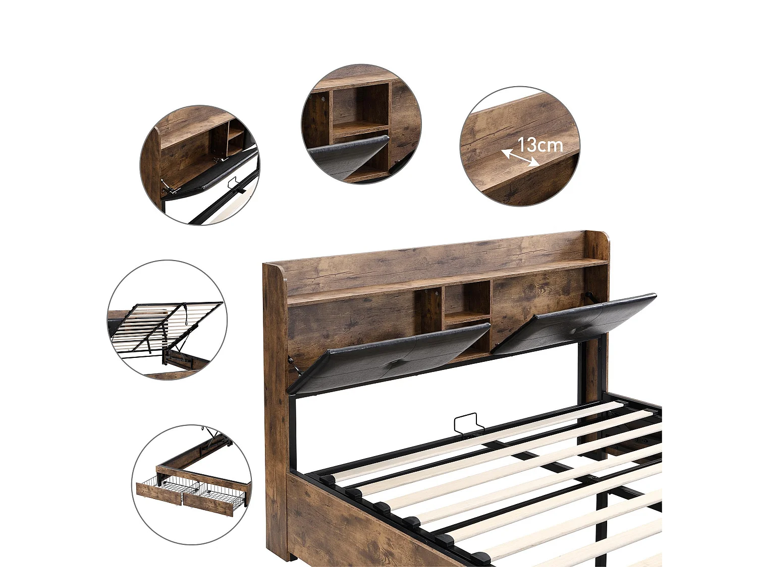 Bett mit Stauraum 140 x 200 cm – mit Stauraum-Kopfteil und Lattenrost aus Metall – Dunkelnatur und Schwarz