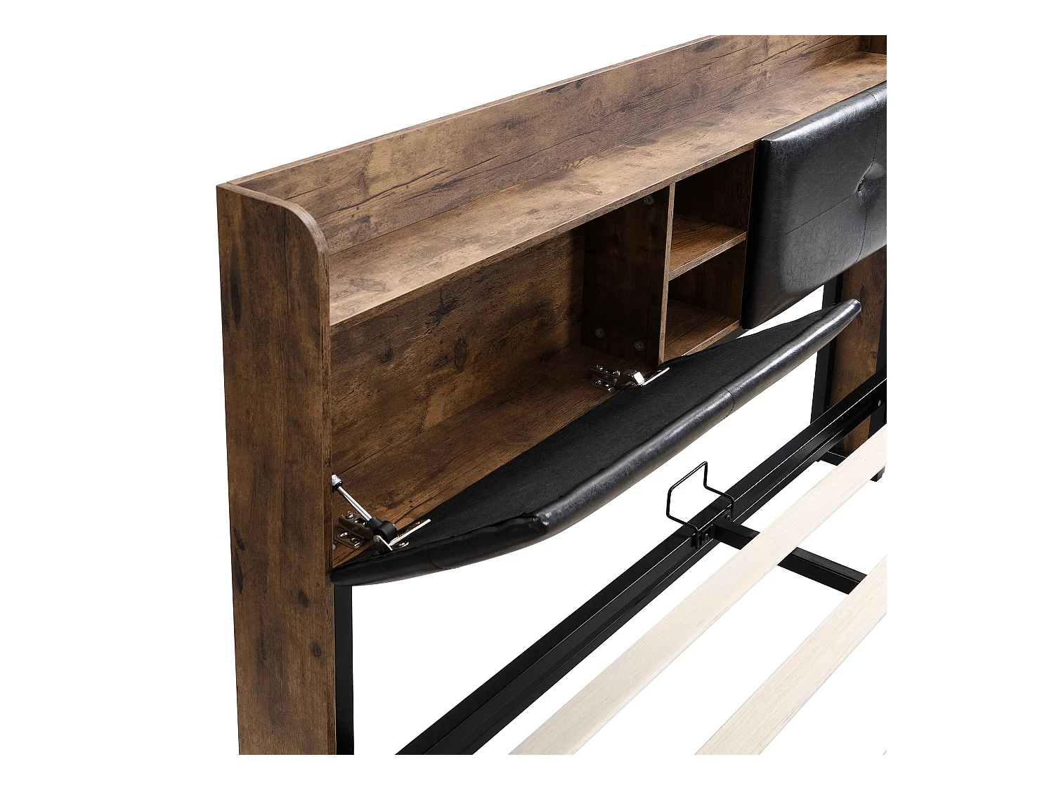 Bett mit Stauraum 140 x 200 cm – mit Stauraum-Kopfteil und Lattenrost aus Metall – Dunkelnatur und Schwarz