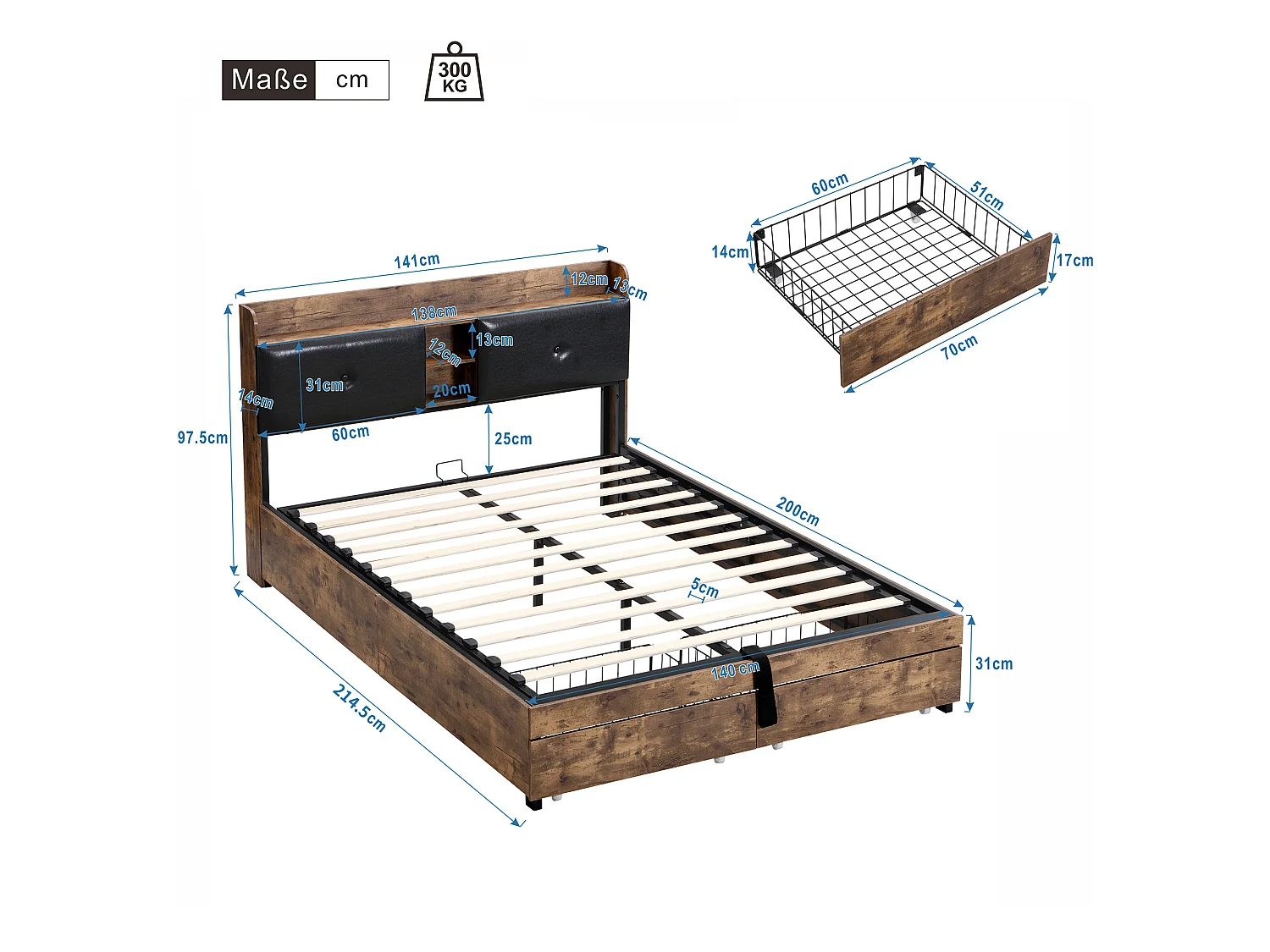 Opbergbed 140x200cm - met opberghoofdeinde en metalen lattenbodem - Donker naturel & Zwart