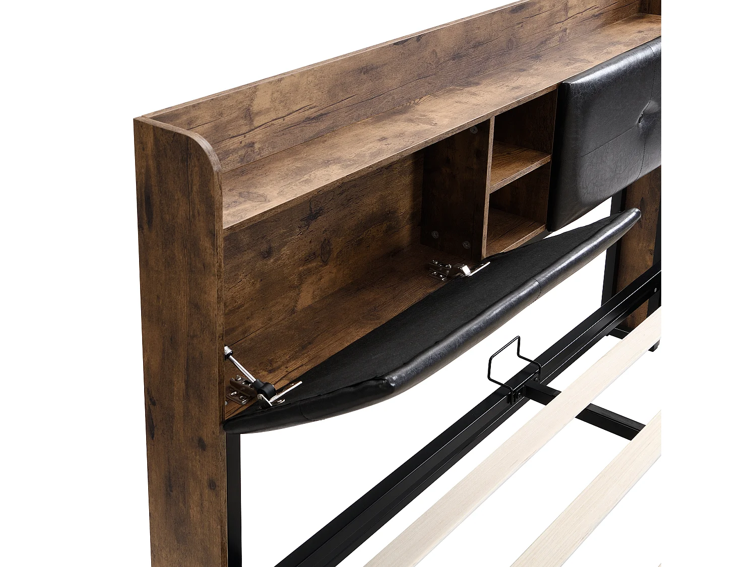 Opbergbed 140x200cm - met opberghoofdeinde en metalen lattenbodem - Donker naturel & Zwart