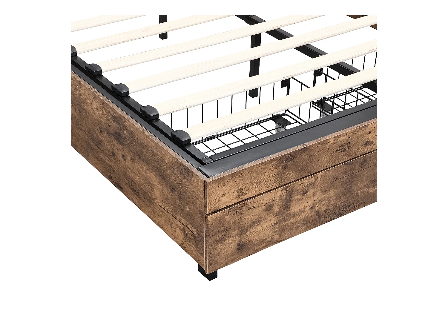 Opbergbed 140x200cm - met opberghoofdeinde en metalen lattenbodem - Donker naturel & Zwart