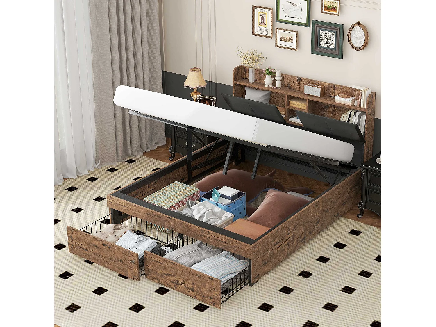 Lit coffre 140x200cm - avec tête de rangement et sommier à lattes en métal - Naturel foncé & Noir