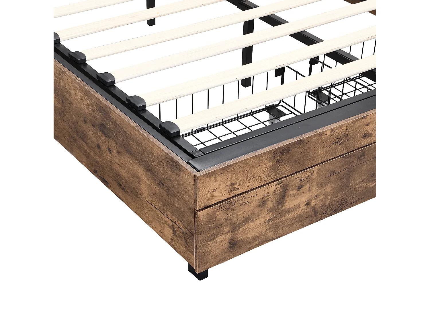 Lit coffre 140x200cm - avec tête de rangement et sommier à lattes en métal - Naturel foncé & Noir