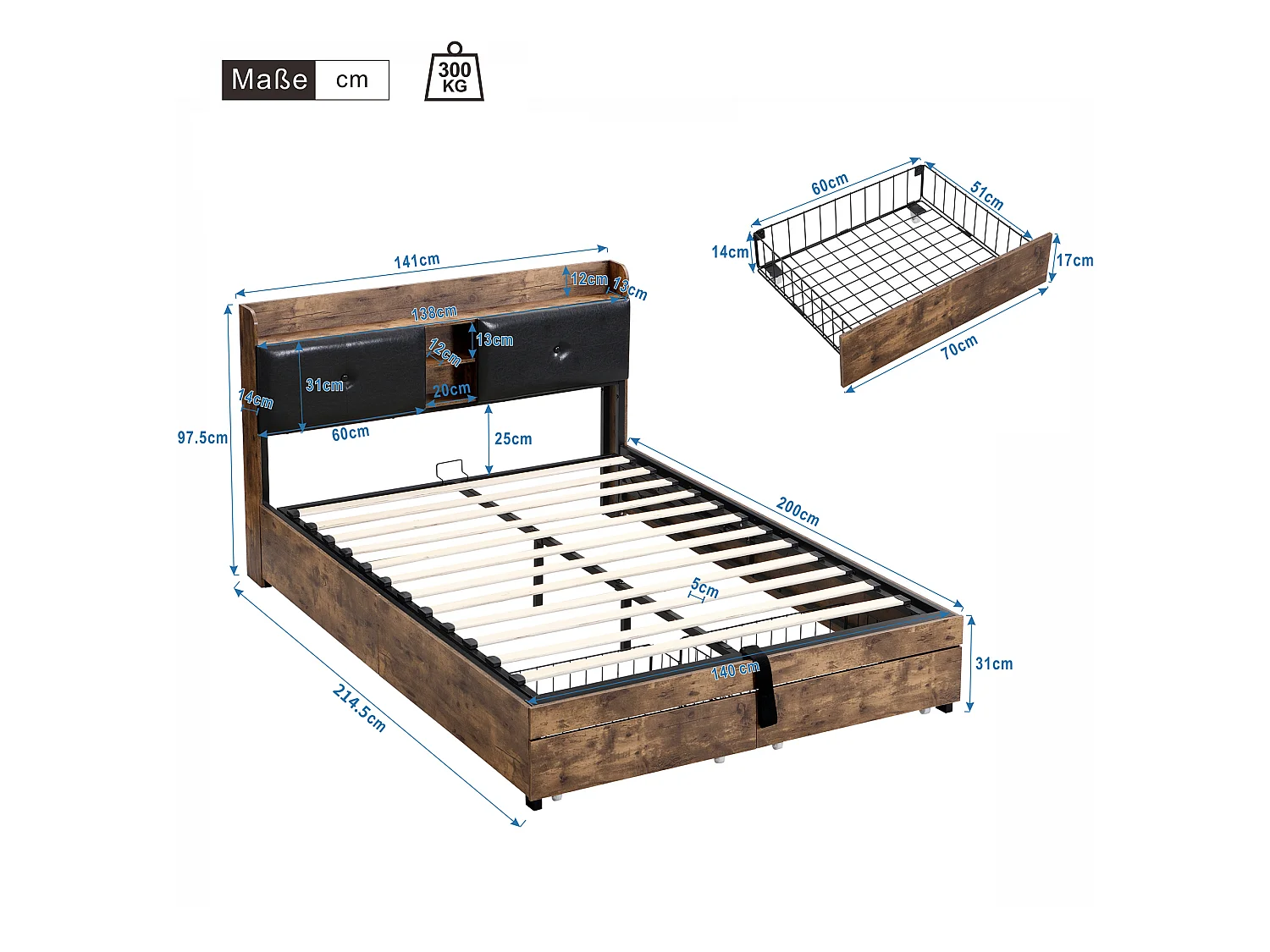 Opbergbed 140x200cm - met opberghoofdeinde en metalen lattenbodem - Donker naturel & Zwart