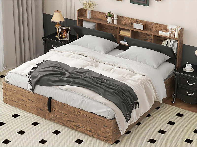 Cama con almacenaje 180x200cm - con cabecero con almacenaje y somier de láminas de metal - Natural oscuro y negro