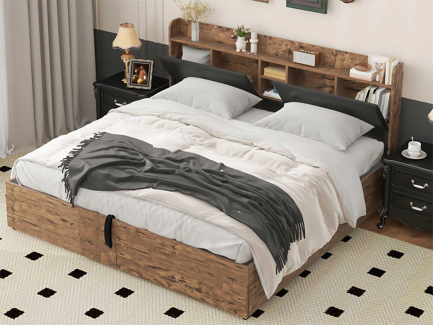 Cama de arrumação 180x200cm - com cabeceira de arrumação e base de ripas de metal - Natural escuro e Preto