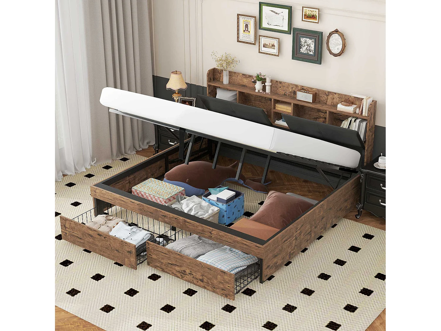 Cama de arrumação 180x200cm - com cabeceira de arrumação e base de ripas de metal - Natural escuro e Preto