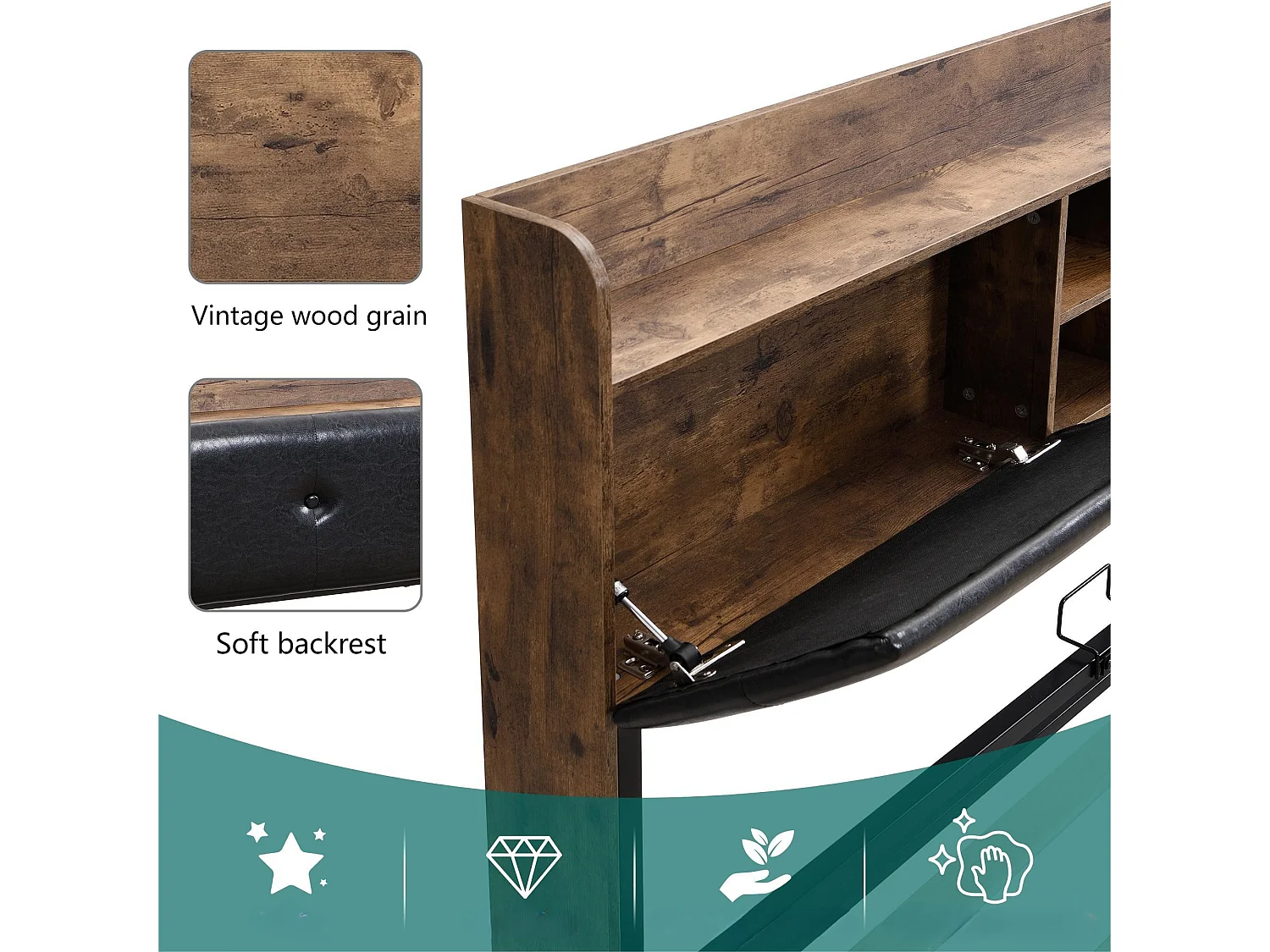 Cama de arrumação 180x200cm - com cabeceira de arrumação e base de ripas de metal - Natural escuro e Preto