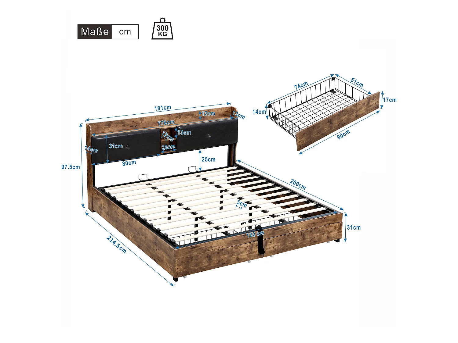 Cama de arrumação 180x200cm - com cabeceira de arrumação e base de ripas de metal - Natural escuro e Preto