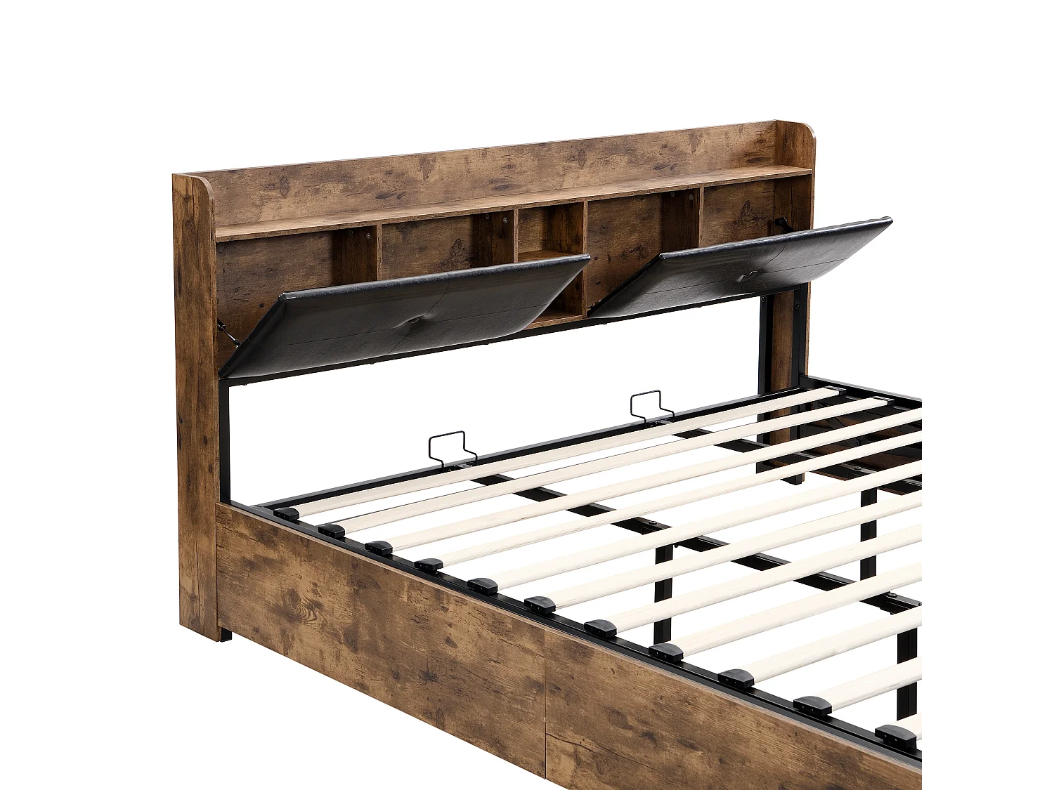 Cama de arrumação 180x200cm - com cabeceira de arrumação e base de ripas de metal - Natural escuro e Preto