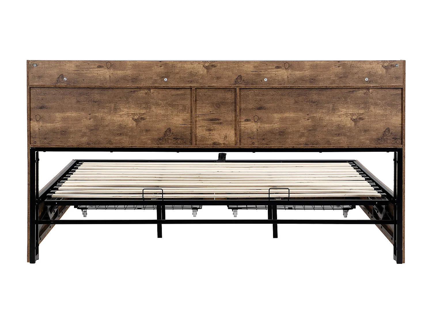 Cama de arrumação 180x200cm - com cabeceira de arrumação e base de ripas de metal - Natural escuro e Preto