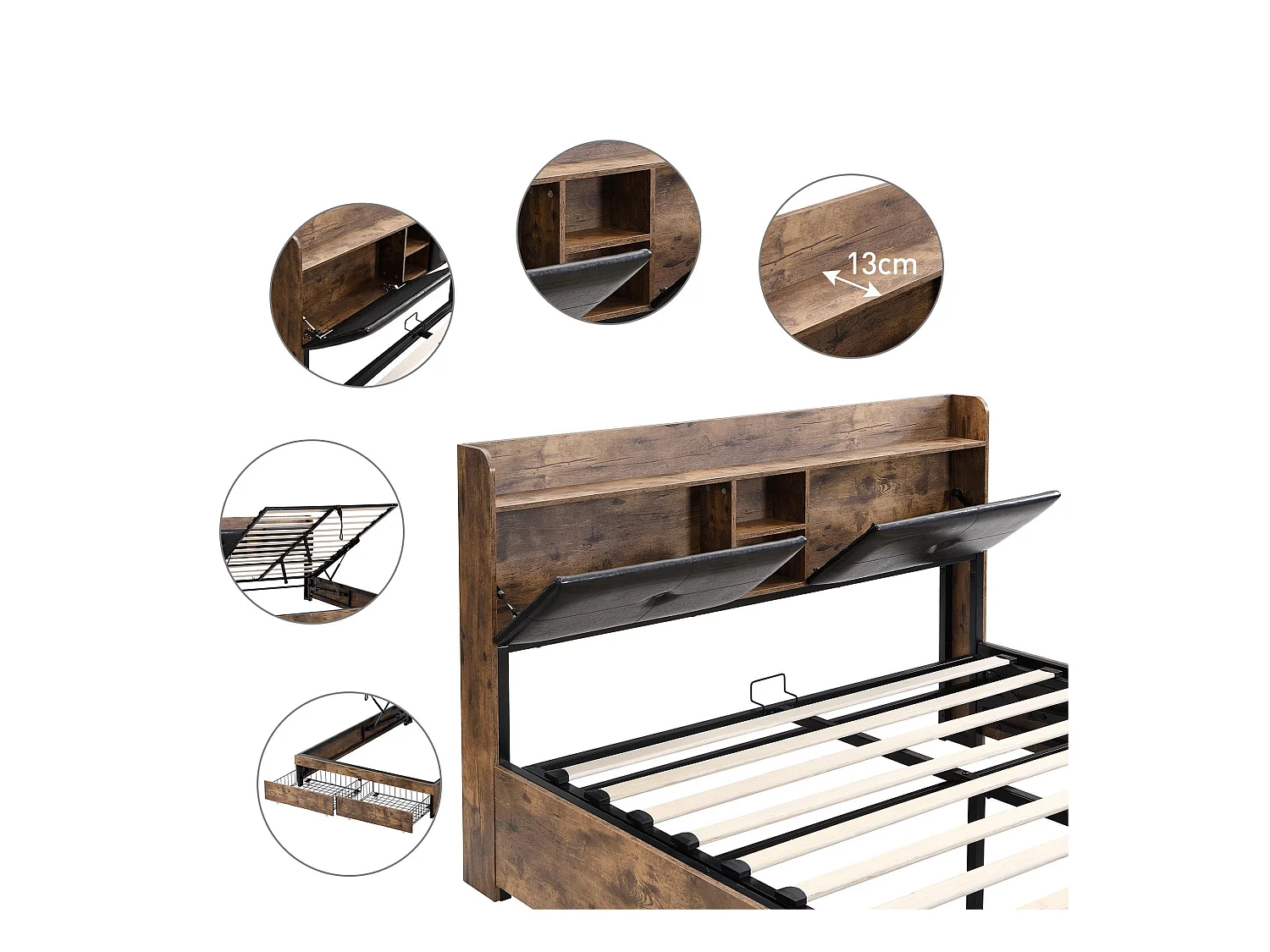 Cama con almacenaje 180x200cm - con cabecero con almacenaje y somier de láminas de metal - Natural oscuro y negro