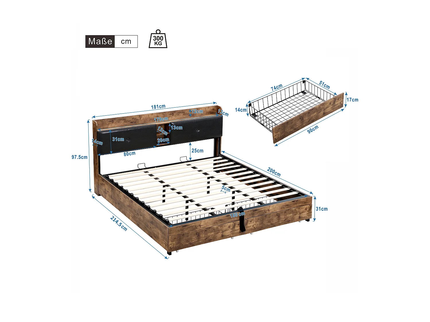 Cama con almacenaje 180x200cm - con cabecero con almacenaje y somier de láminas de metal - Natural oscuro y negro