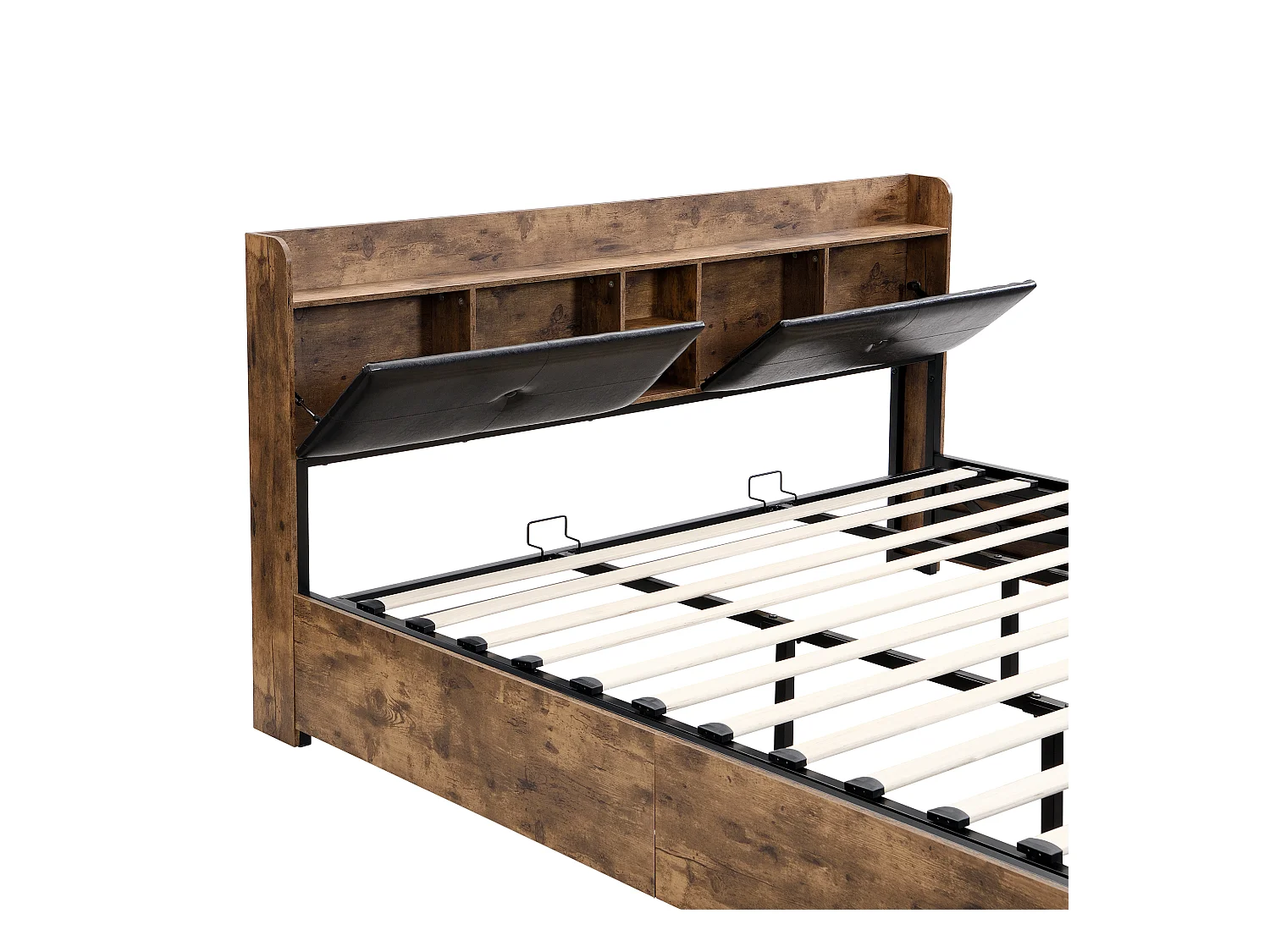 Cama con almacenaje 180x200cm - con cabecero con almacenaje y somier de láminas de metal - Natural oscuro y negro