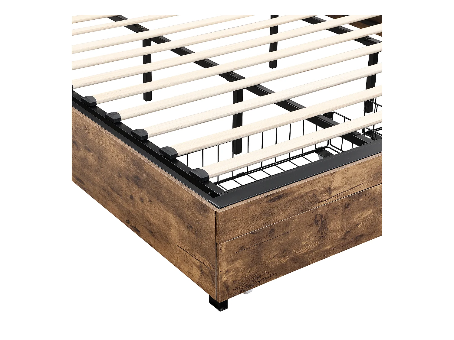 Cama con almacenaje 180x200cm - con cabecero con almacenaje y somier de láminas de metal - Natural oscuro y negro